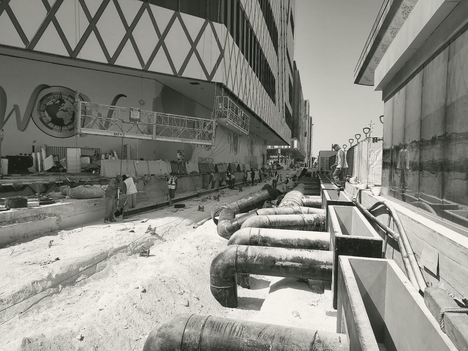 Pipework at the base of the boulevard façade