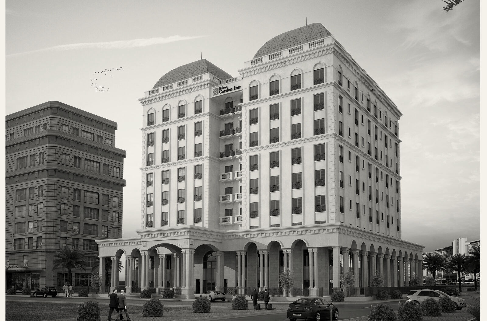 The hotel as designed: the architect’s elevation of the Hilton Garden Inn